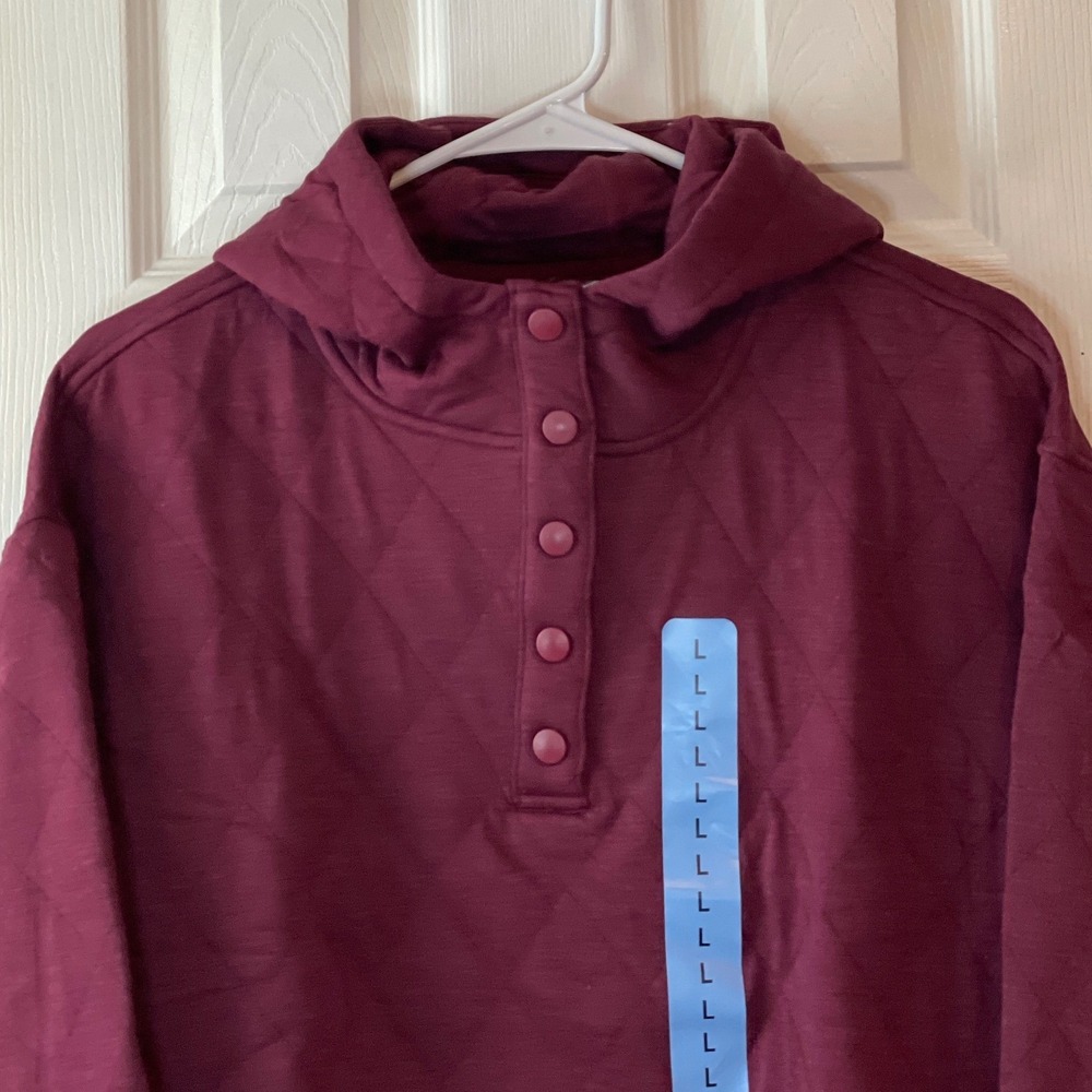 Lands' End Quilted Pullover Hoodie Women's Large Burgundy Snap Neck Top New - Picture 2 of 13